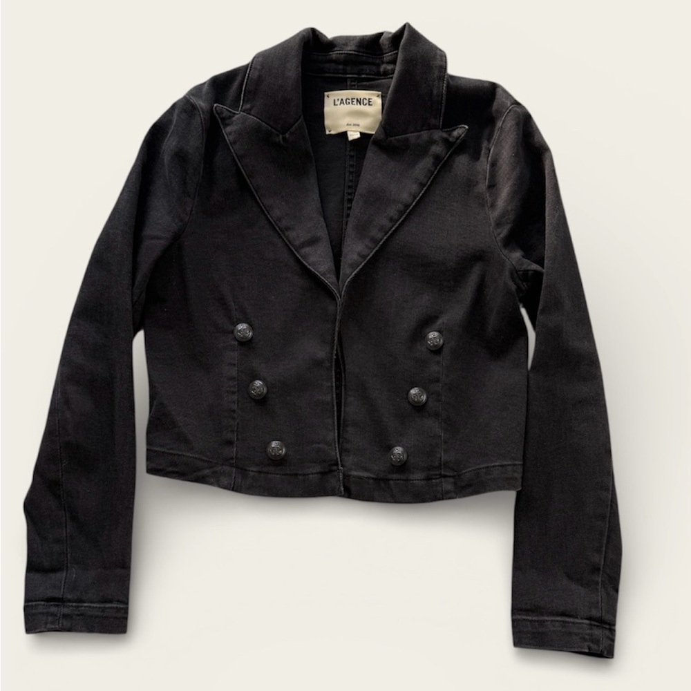 L'AGENCE Black Cropped Denim Pea Coat Jean Jacket